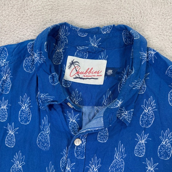 Chubbies‎ Pineapple Print Button Up Hawaiian Shirt Short Sleeve Blue Mens Large - Picture 1 of 6